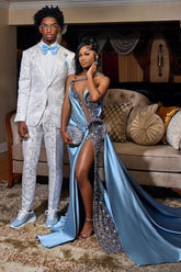 Modern Blue Ruffles One Shoulder Crystal Side Slit Prom Dresses